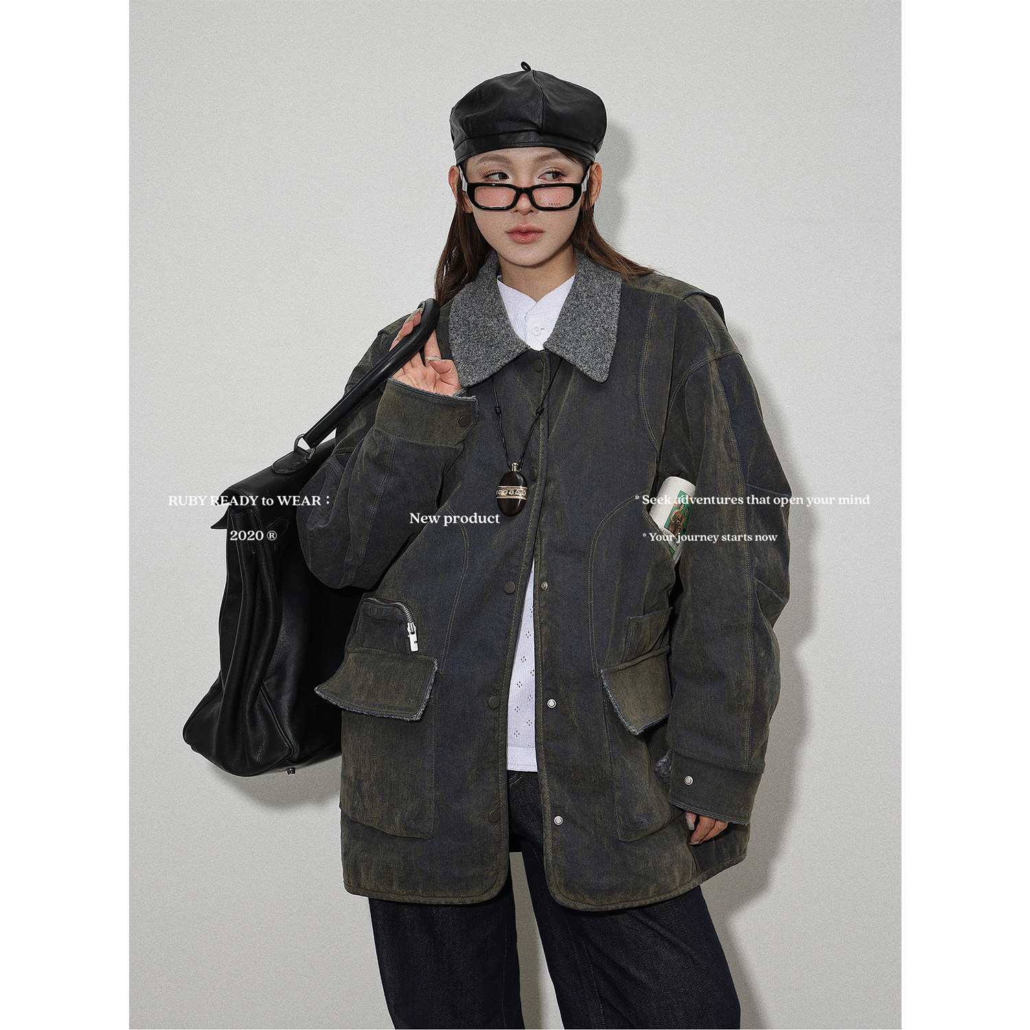 Rubyoffice重工宽松做旧羽绒服女设计感小众休闲工装派克外套