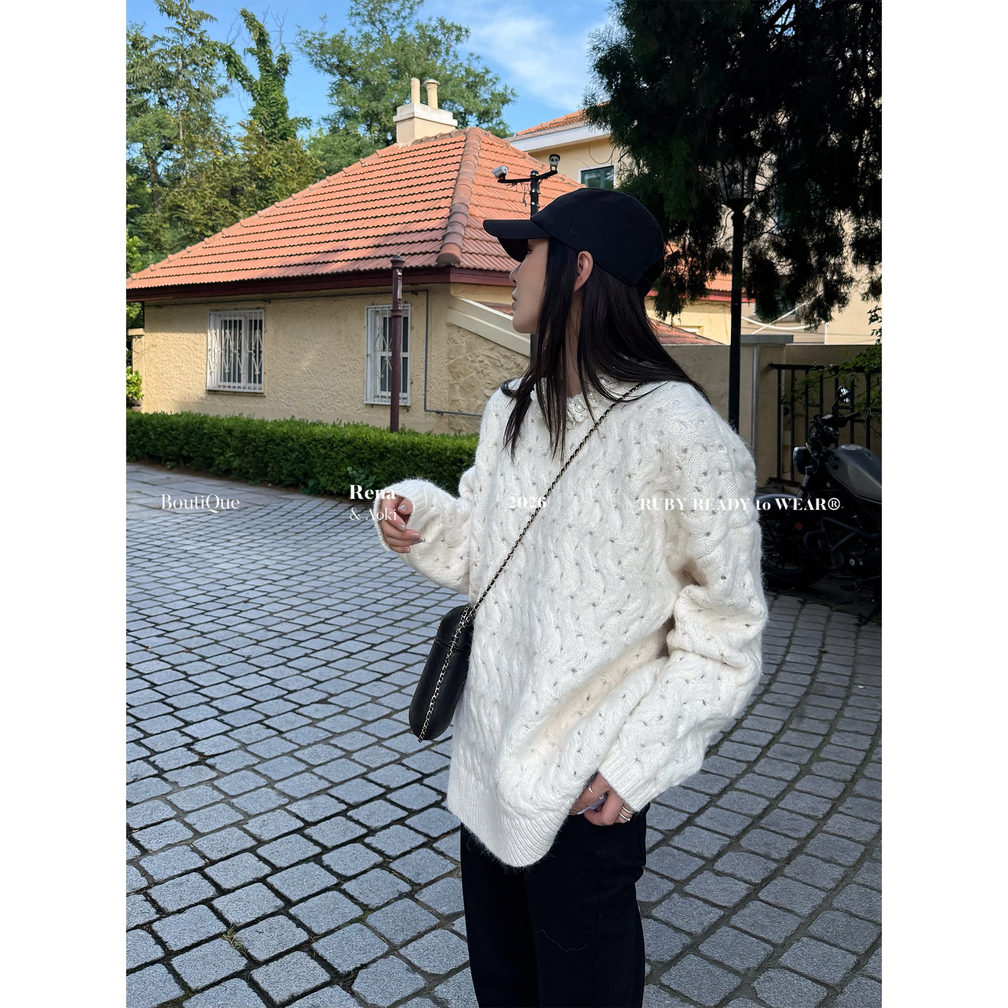 Rubyoffice2026软云绵 软糯镂空绞花圆领慵懒毛衣女