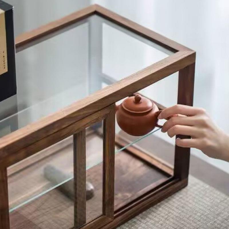 胡桃木桌面收纳柜透明玻璃糕点甜品展示置物柜茶器杯具防尘陈列柜