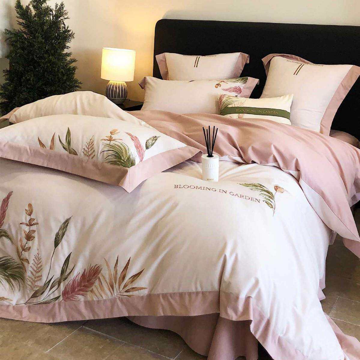 秋冬少女保暖全棉磨毛四件套纯棉植物花卉刺绣被套加厚床品