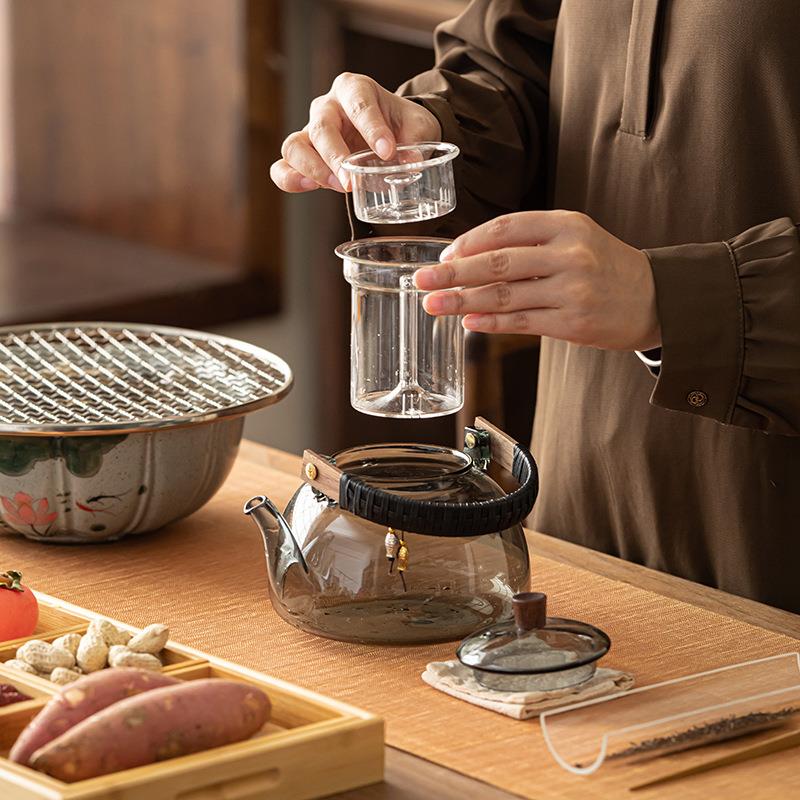 电陶炉围炉煮茶家用室内耐高温蒸煮玻璃茶壶高端套装茶杯手绘陶瓷
