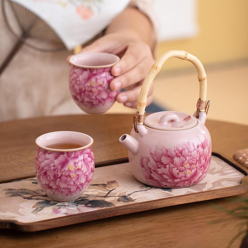 提梁壶陶瓷茶壶家用茶具功夫泡茶壶粉色汝窑国风牡丹竹梁壶开片