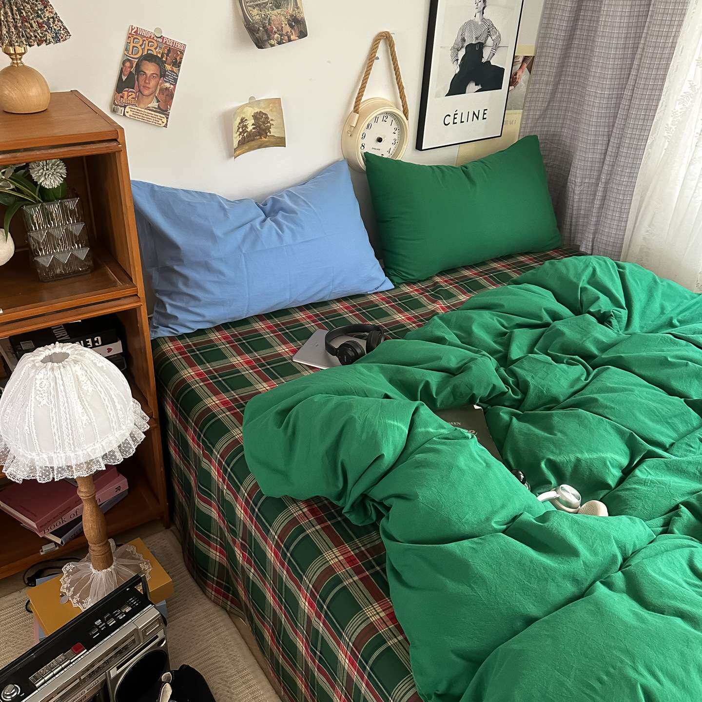 中古风复古格子撞色全棉水洗棉床单被套床笠简约床上四件套1.8米