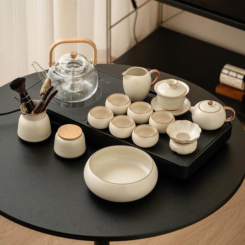 工厂米黄釉茶具全自动一体茶盘电陶炉煮茶简约泡茶茶台整套大茶海