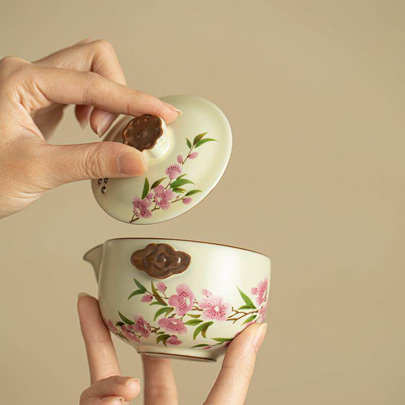 景德镇汝窑红梅祥云茶壶茶杯旅行套装一壶三杯陶瓷茶具户外便携装