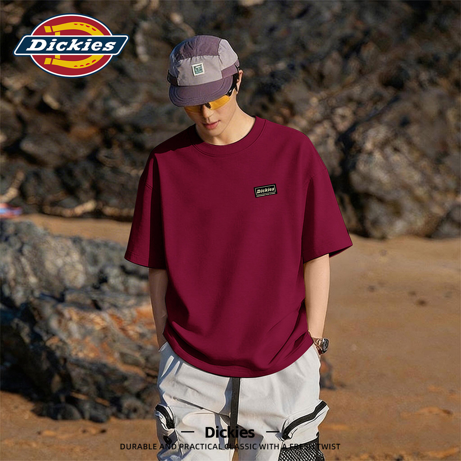 Dickies酒红色美式纯棉短袖T恤男士2026新款夏装重磅大码宽松体恤