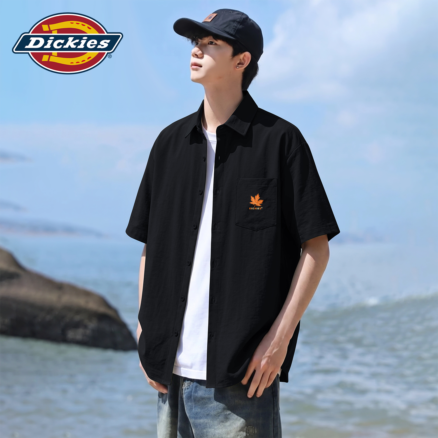 Dickies黑色男生宽松冰丝短袖衬衫2026夏季新款百搭时尚休闲衬衣