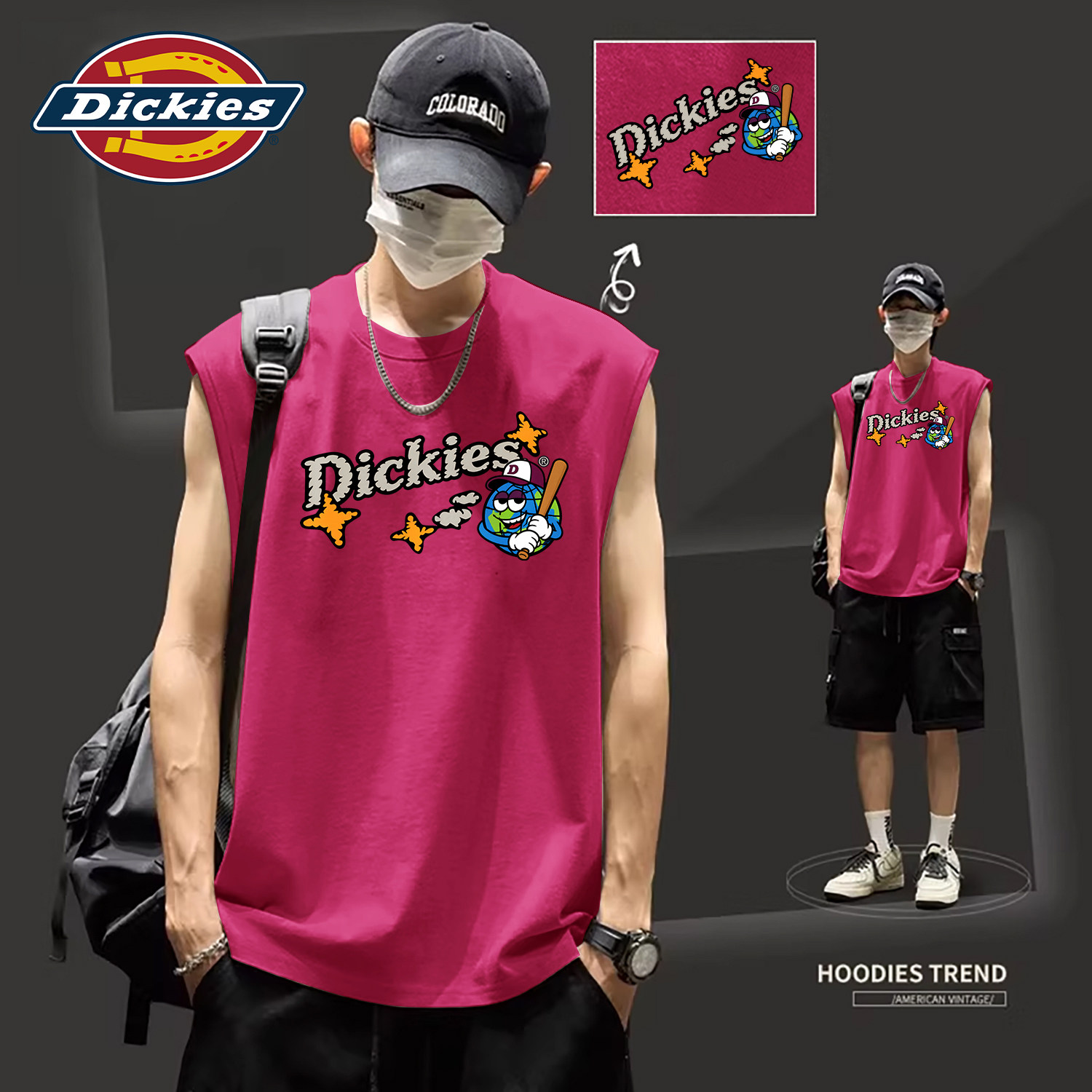 Dickies玫红色纯棉无袖上衣男款