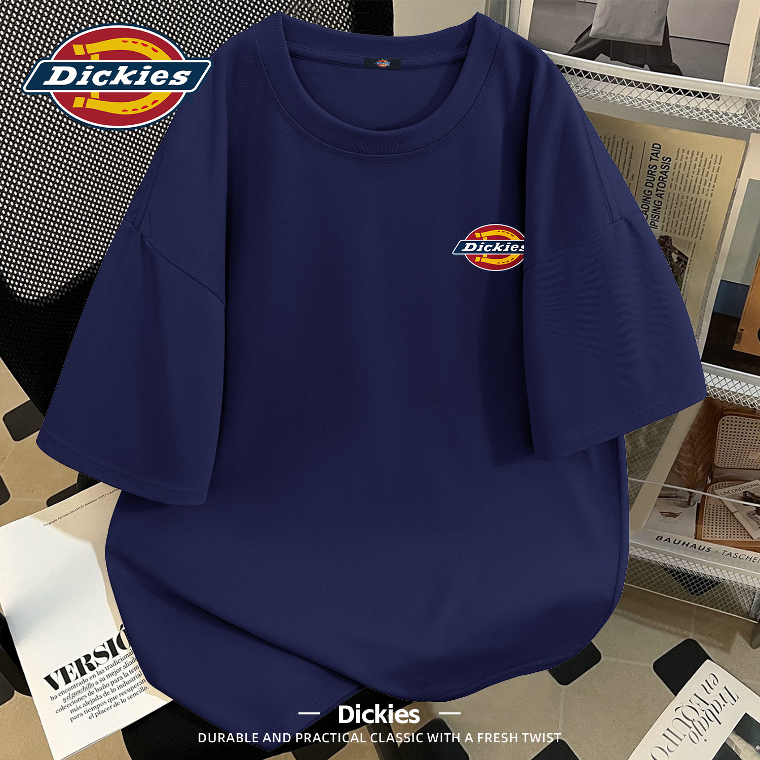 Dickies午夜蓝纯棉短袖t恤男款2026新款夏季青少年潮流休闲五分袖