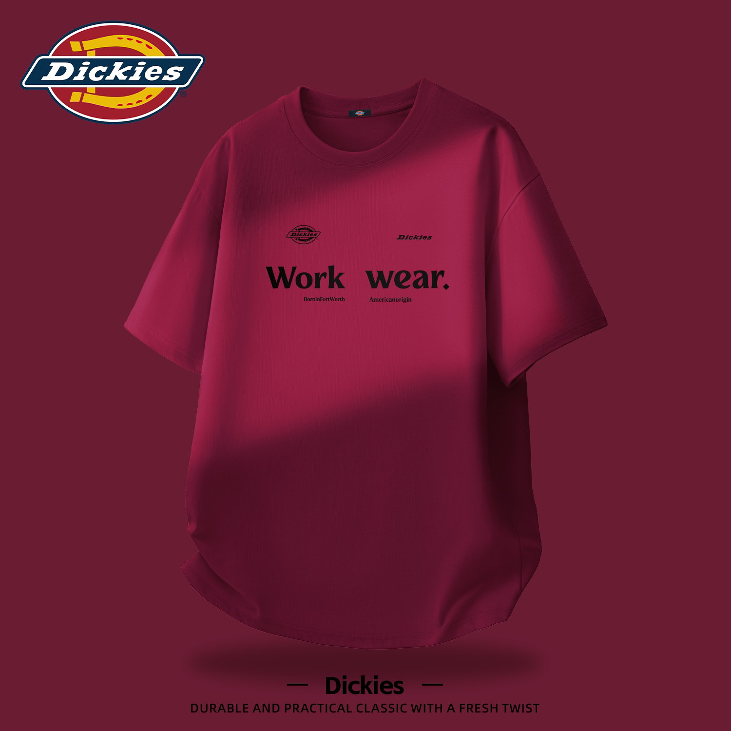 Dickies酒红色美式纯棉短袖T恤男款2026新款夏季宽松休闲大码半袖