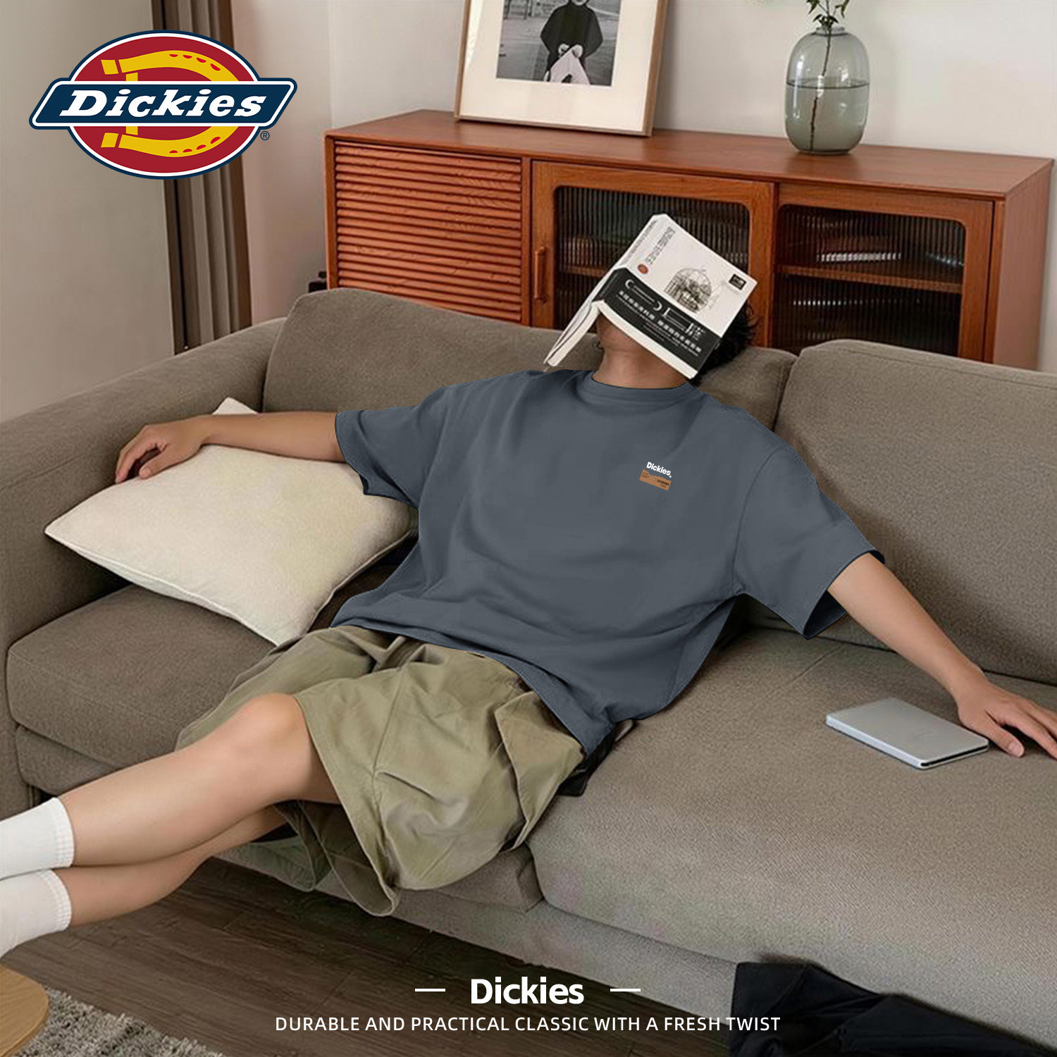 Dickies铁灰色纯棉短袖T恤男款2026新款夏季青少年潮流百搭五分袖