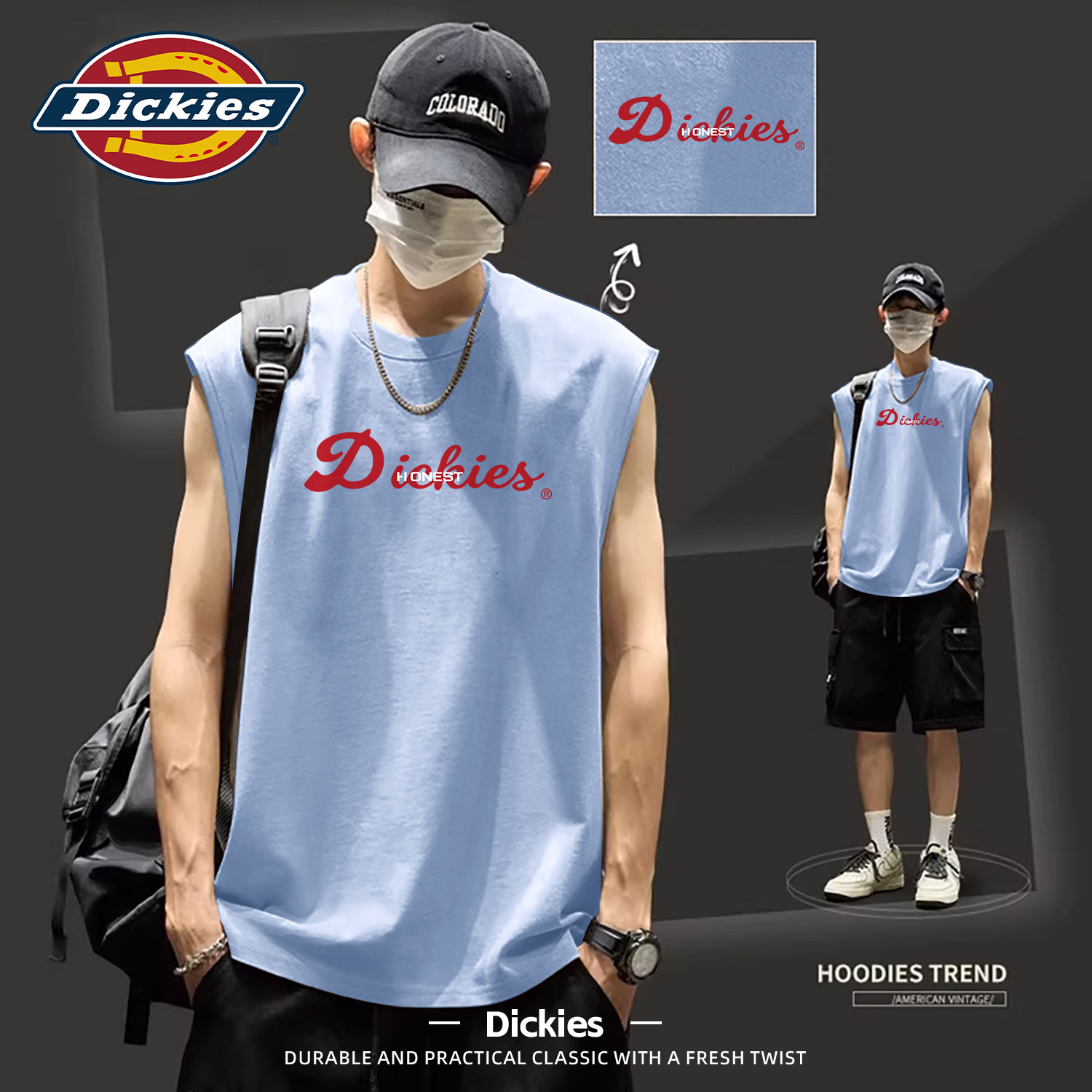 Dickies浅色纯棉无袖背心男款2026新款夏季宽松百搭运动男生坎肩