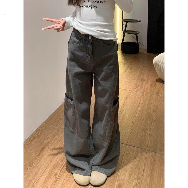 薄料灰色阔腿微喇叭工装牛仔裤女2025夏季新款宽松显瘦加长拖地裤