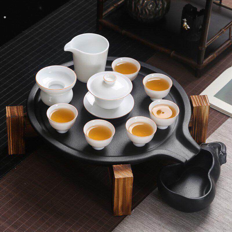 陶瓷白瓷茶具套装家用简约现代功夫石磨茶盘泡茶盖碗茶壶茶杯套装