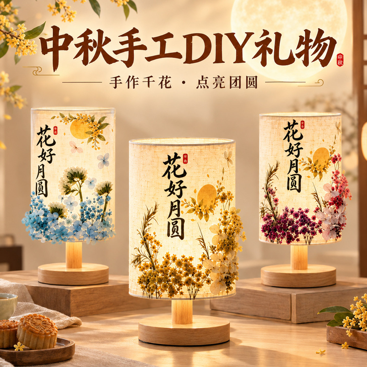 中秋节礼物宋锦干花台灯diy材料包永生花小夜灯社区手工制作活动
