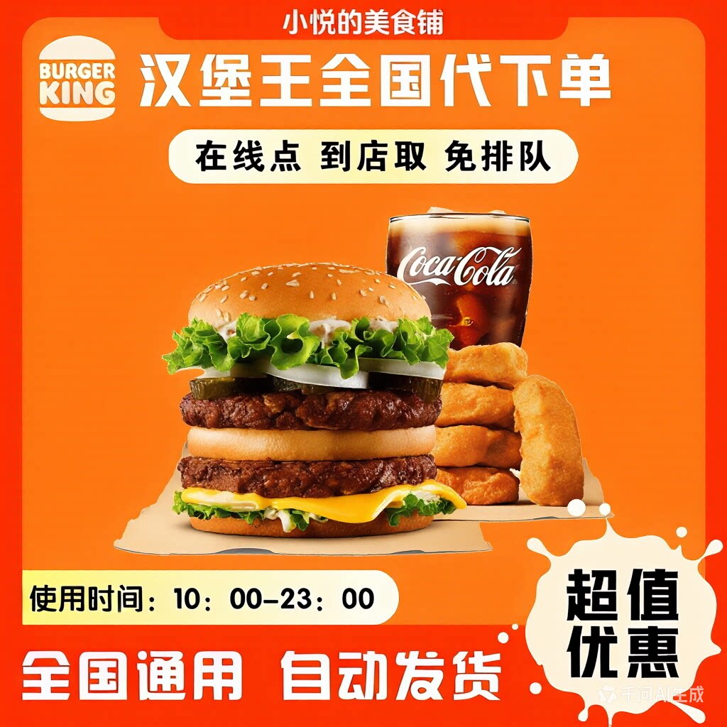 汉堡王代下单大嘴安格斯狠霸王皇堡鸡腿薯条可乐小食套餐全国到店