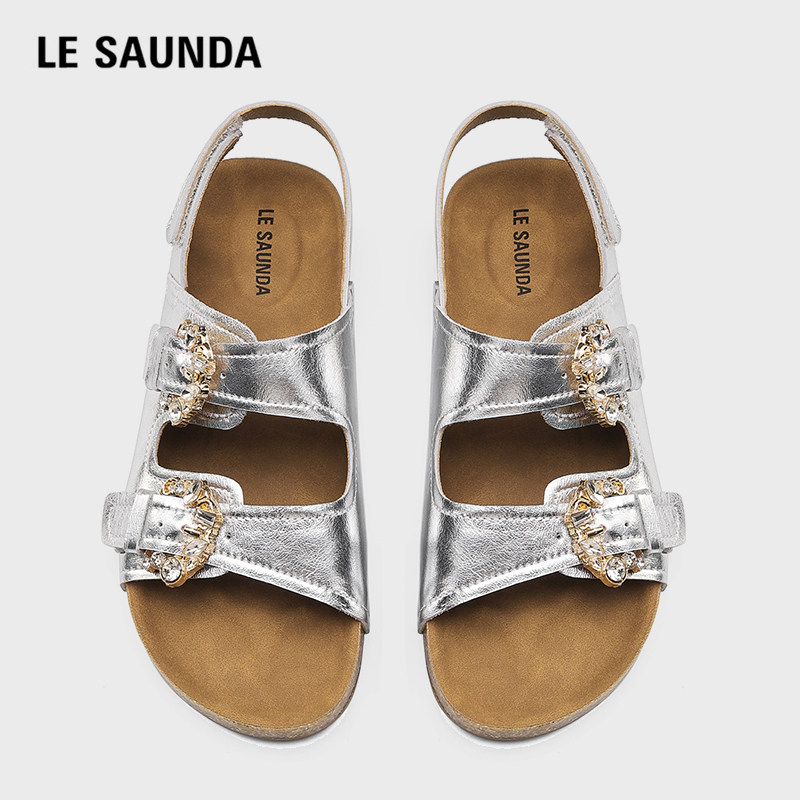 LE SAUNDA/莱尔斯丹水钻勃肯凉鞋女夏双扣带平底沙滩鞋银色