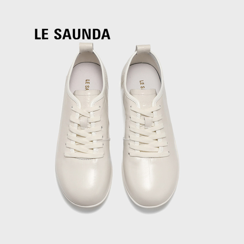 Le Saunda/莱尔斯丹圆头牛皮系带德训鞋女秋季软底舒适百搭休闲鞋