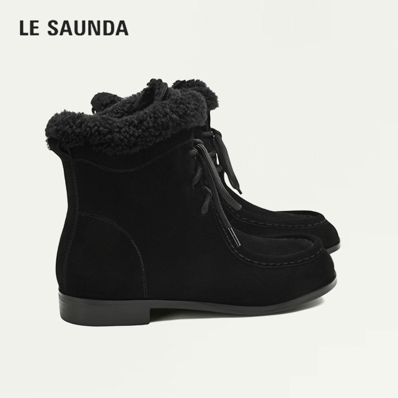 LE SAUNDA/莱尔斯丹秋冬季加绒保暖毛毛短靴女低跟系带百搭时装靴
