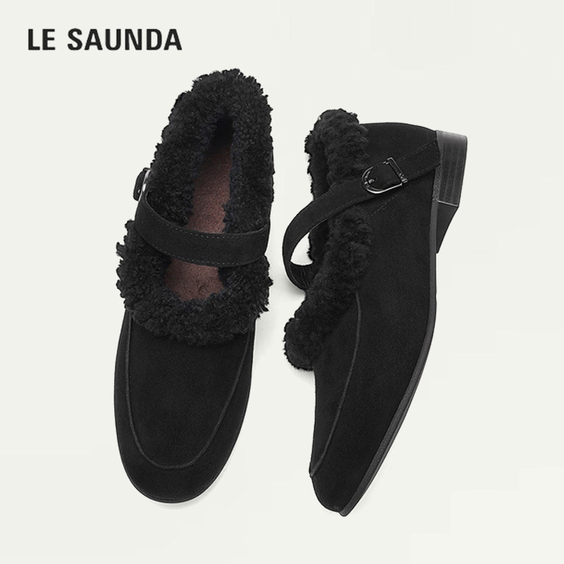 LE SAUNDA/莱尔斯丹2026冬季加绒保暖单鞋女一字扣玛丽珍毛毛棉鞋