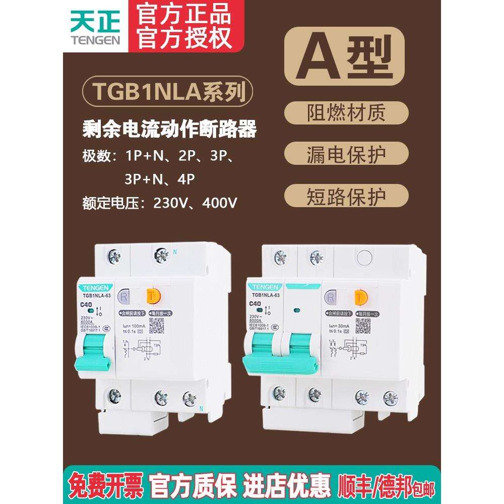 天正TENGEN漏电断路器TGB1NLA-32/63家用保护器40A63A充电桩漏保图片