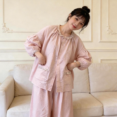 微胖MM家居服花边长袖春秋可爱睡衣大码套装欧诺风女款简约韩版