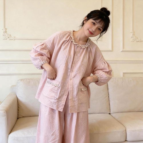 微胖MM家居服花边长袖春秋可爱睡衣大码套装欧诺风女款简约韩版