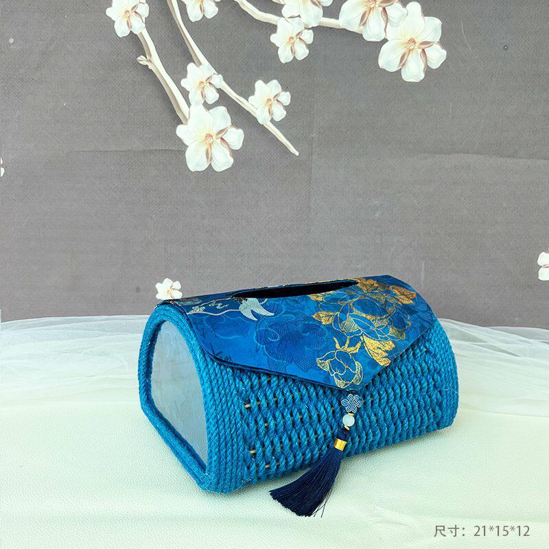 中国风手工编织布艺纸巾盒-家庭办公室桌抽纸盒复古麻绳箱