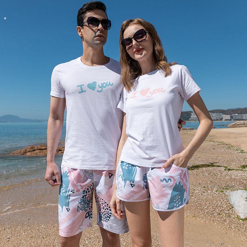 情侣套装沙滩裤男五分速干宽松短裤三亚度假套装冲浪漂流游泳女裤