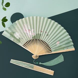 中国风双层穿面青绿色折扇古风竹骨纸面随身扇子七寸