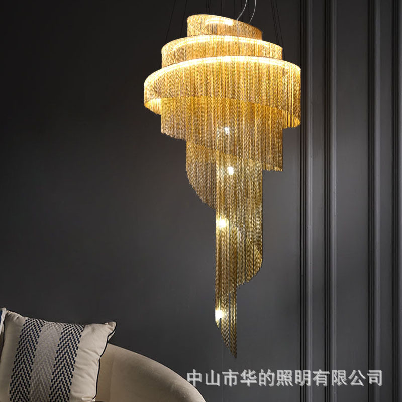 北欧复式楼楼梯灯长吊灯轻奢后现代中空流苏灯别墅个性客厅大吊灯