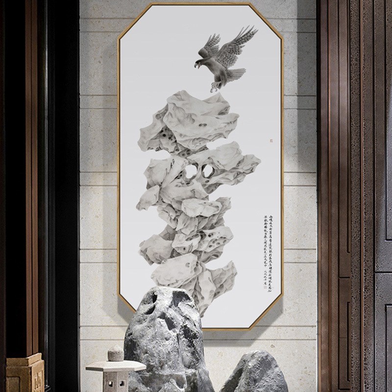 新中式八边形玄关装饰画茶室书房竖版风水招财石头画时来运转国画