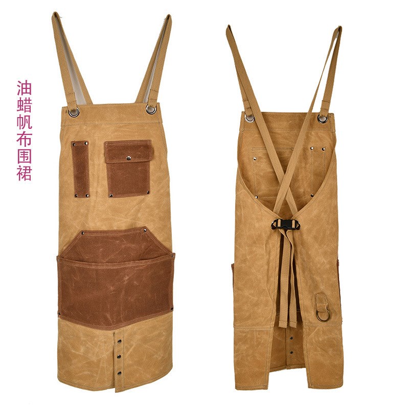 亚马逊油蜡帆布围裙调节交叉肩带工作围腰工具收纳木工园林工装