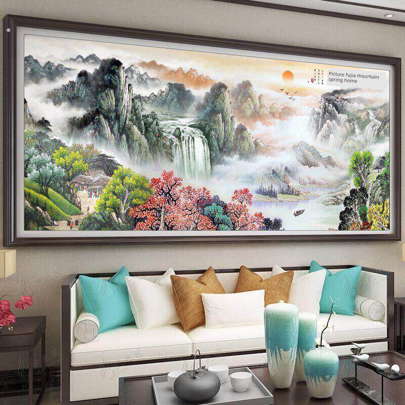 山水画十字绣成品纯手工绣好的钻石富春山居图新款满钻客厅画风景