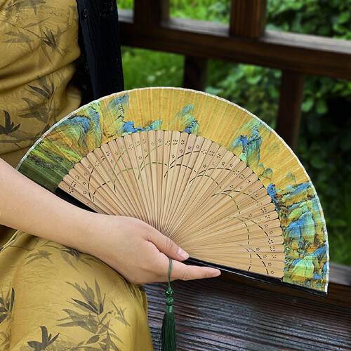 扇子古风折扇中国风古典汉服旗袍舞蹈扇子祇此青绿中式可携式折叠
