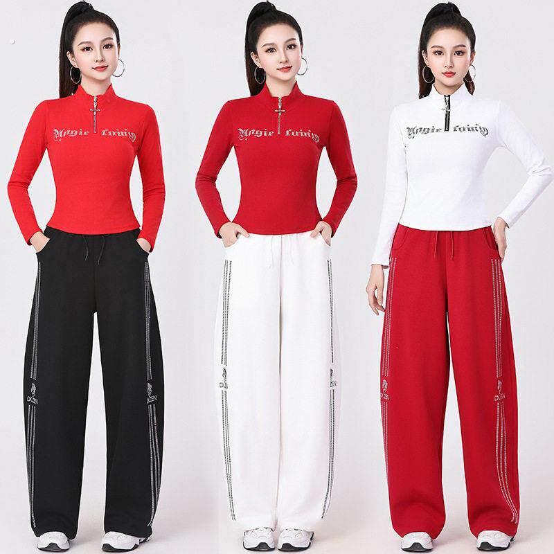 广场舞新款套装女春秋长袖运动服宽松烫钻阔腿裤跳舞健身演出服女