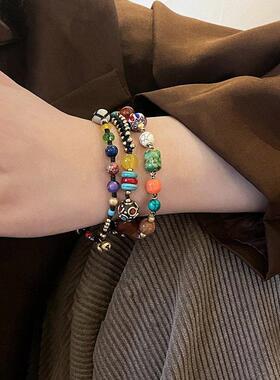 吉象吊坠彩珠编织绳手链女民族风天然石藏式手串彩石串珠新款手饰