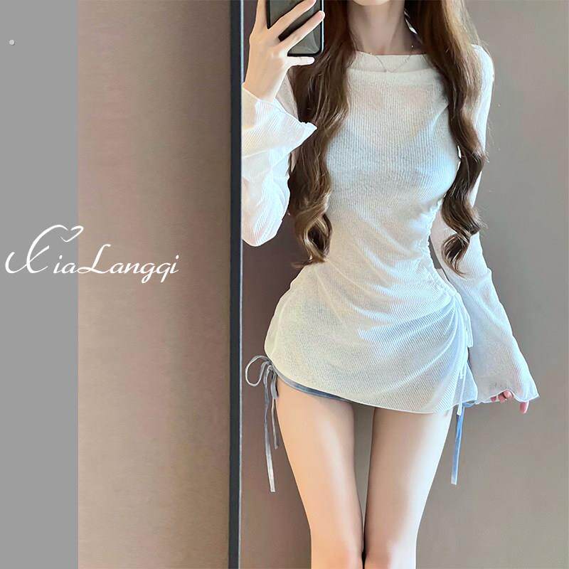 比基尼泳衣女2025新款蓝色两件式罩衫三件套性感小胸海边度假泡温