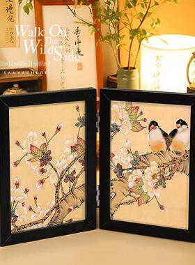 桌面中古风屏风摆件装饰画新中式办公室桌卧室餐厅艺术摆台高级感