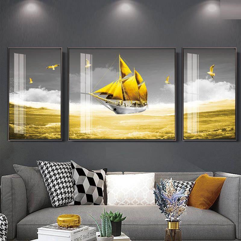 海边风景三联画客厅装饰画简约沙发挂画帆船挂画壁画海景墙画