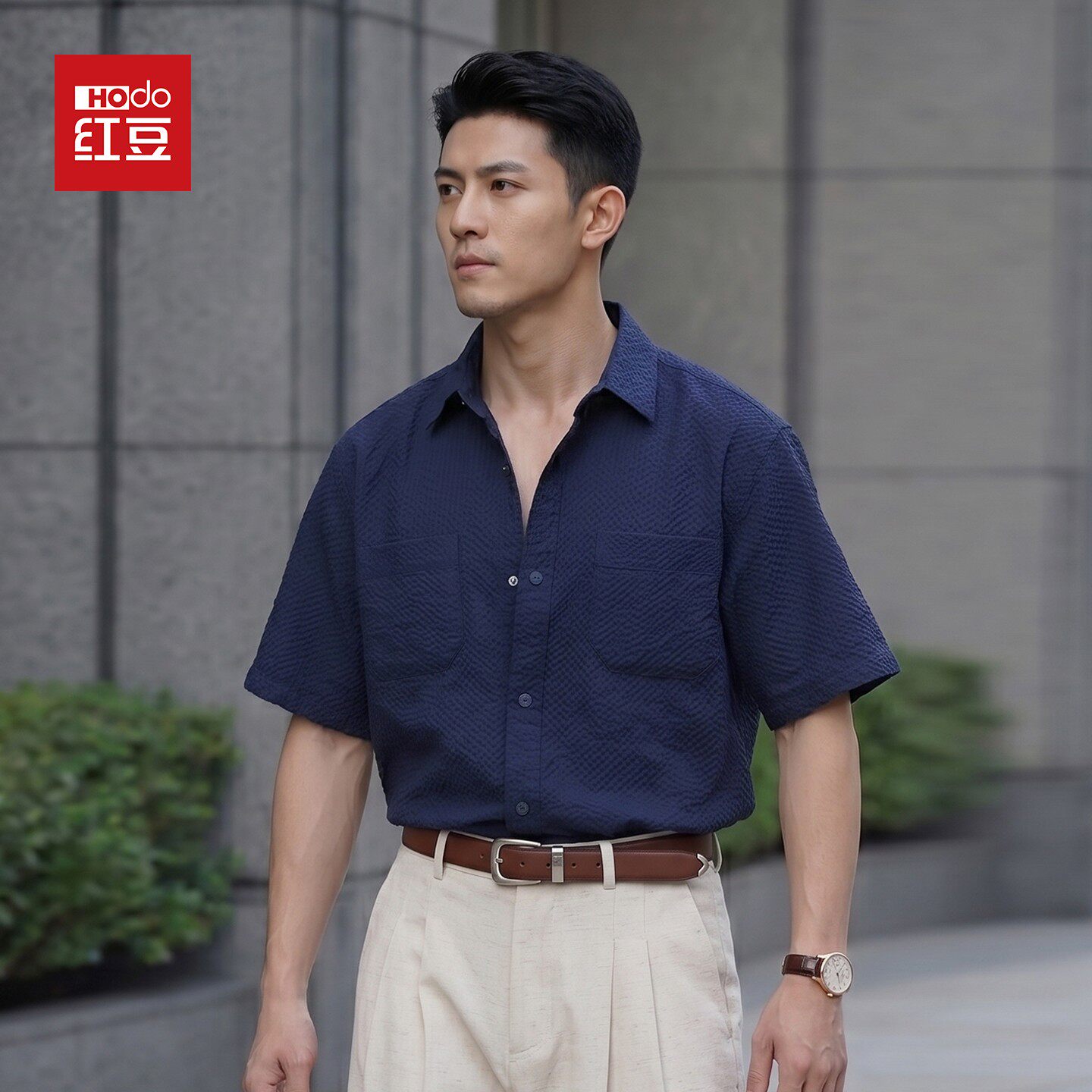 HODO/红豆美式复古泡泡纱短袖衬衫男士夏季宽松潮流翻领工装上衣
