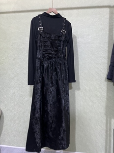 法式 T两件套 复古设计感褶皱收腰吊带连衣裙长袖