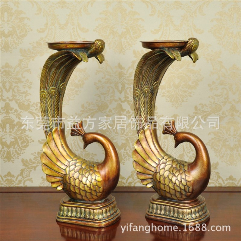欧式套二仿古孔雀烛台 美式乡村工艺摆件 婚房摆设 树脂工艺品