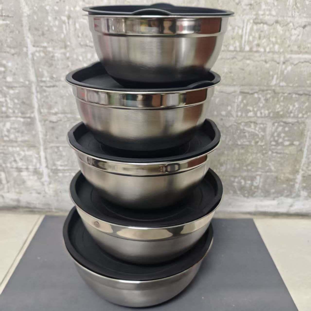 家用不锈钢带盖子彩色沙拉盆加厚加深食物蔬果盆圆形打蛋料理盆