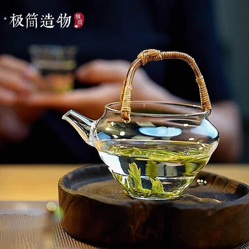 日式藤编提梁高硼硅一人饮玻璃绿茶公道杯家用冷泡茶壶轻奢分茶器
