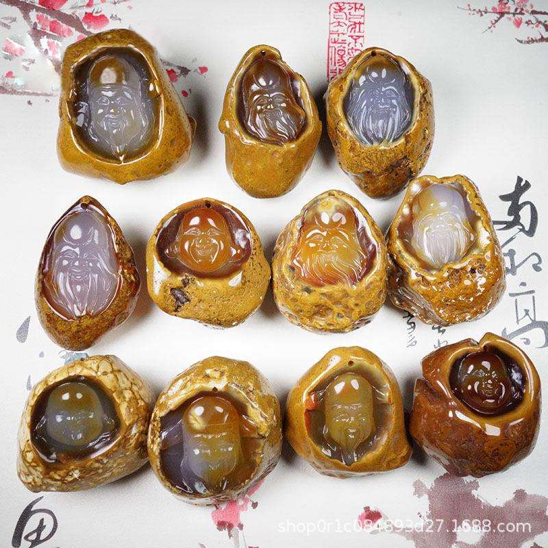 巴西原皮原色玉髓玛瑙原石手把件件寿星手抓件笑佛人物把件石