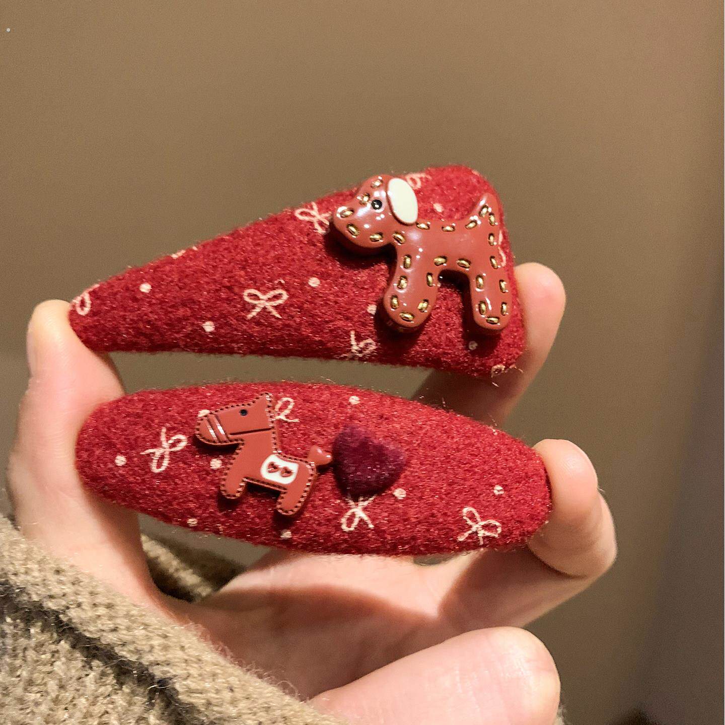 可爱复古红色小马毛呢发夹女边夹侧边碎发刘海夹高级感新年头饰
