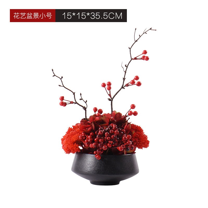 新中式红色浆果花艺摆件样板房餐桌博古架洽谈桌仿真盆景软装饰品