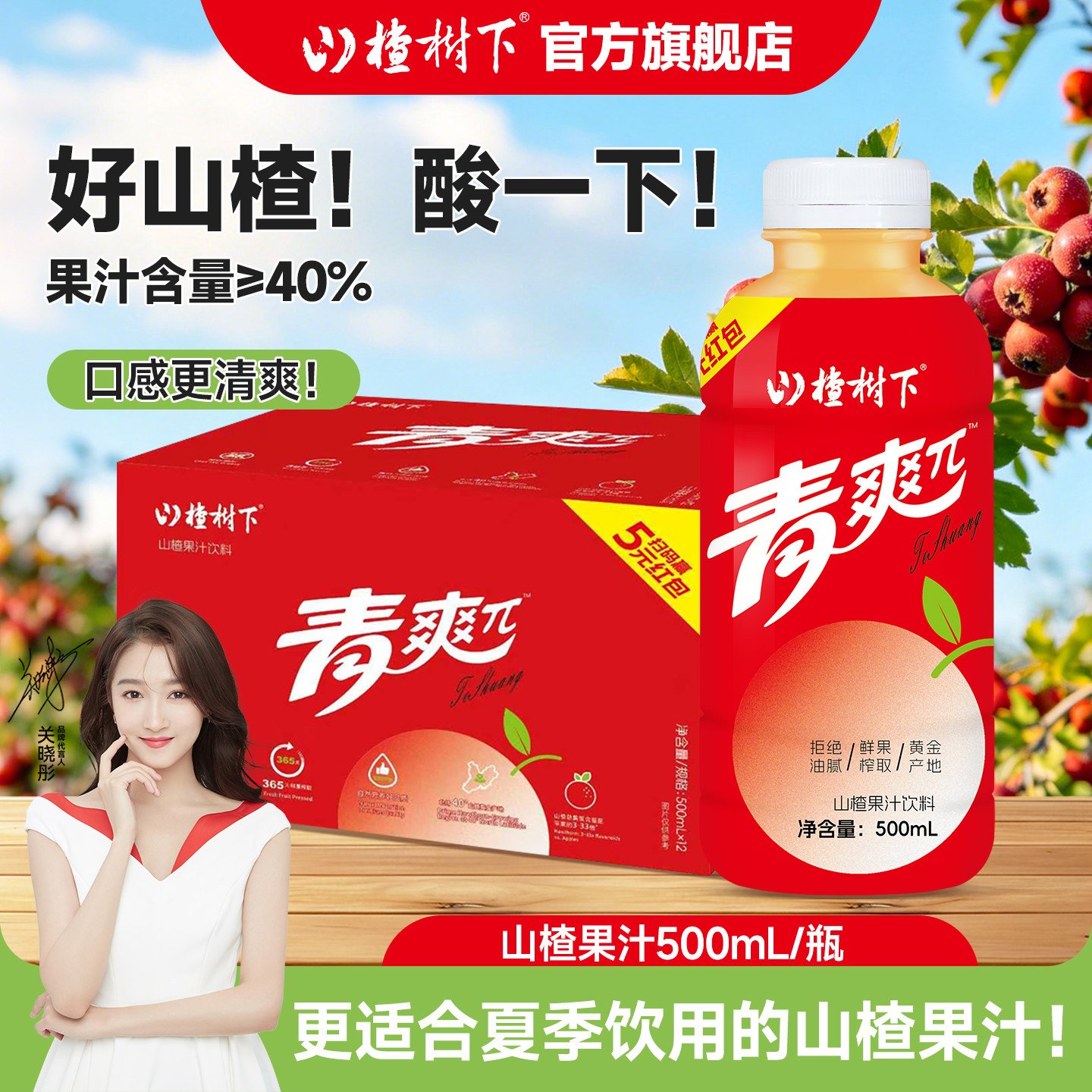 山楂树下官方旗舰店山楂果汁饮料500ml*12瓶整箱批特价正品冠芳
