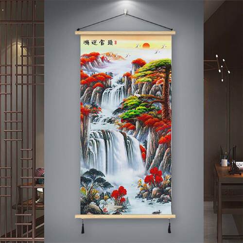 鸿运当头入门实木挂画新中式玄关装饰画竖版山水画客厅办公室壁画